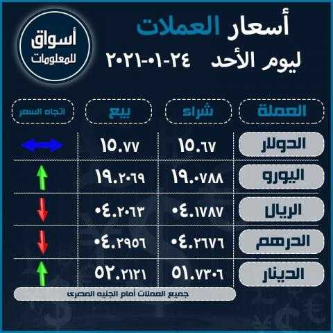 أسعار العملات (الدولار-اليورو-الدرهم الاماراتي-الريال السعودى-الدينار الكويتي) أمام الجنيه المصري ليوم الأحد 24 يناير 2021..