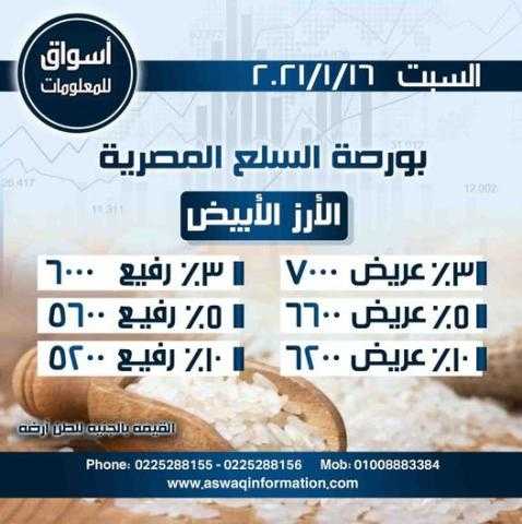 أسواق للمعلومات ترصد أسعار أرز الأبيض ( رفيع -عريض ) في السوق المحلي المصري ليوم السبت 16 يناير 2021..