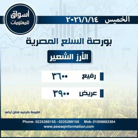 أسواق للمعلومات ترصد أسعار أرز الشعير في السوق المحلي المصري ليوم الخميس 14 يناير 2021..