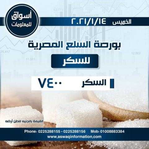 أسواق للمعلومات ترصد أسعار السكر في السوق المحلي المصري ليوم الخميس 14 يناير 2021..