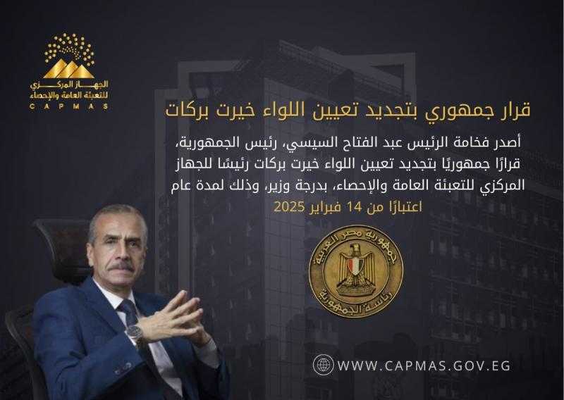 قرار جمهورى بالتجديد للواء خيرت بركات رئيسا للجهاز المركزى للتعبئة العامة والإحصاء