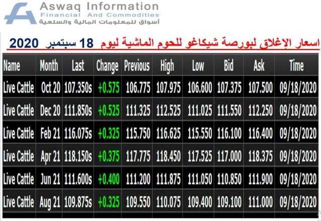 أسعار الإغلاق للحوم الماشية المدرجة ببورصة شيكاغو ليوم الجمعة 18 سبتمبر 2020..